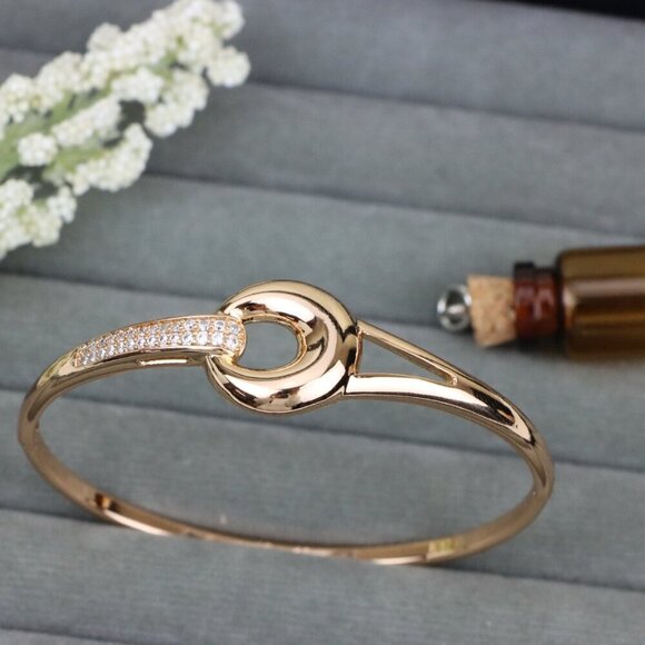 Elegant Rose Gold Bangle with Statement Circle Accent & Crystals, XPBL0422 - Picture 10 of 12